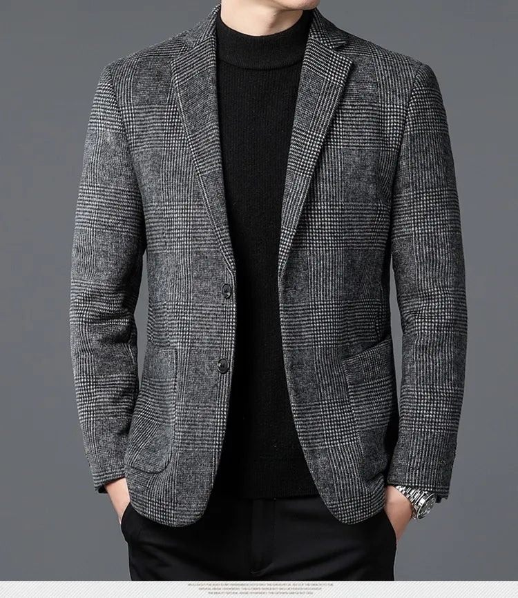 Stylish men's Glen Check blazer. Versatile two-button tailored jacket for formal events, smart casual, or business fashion.
