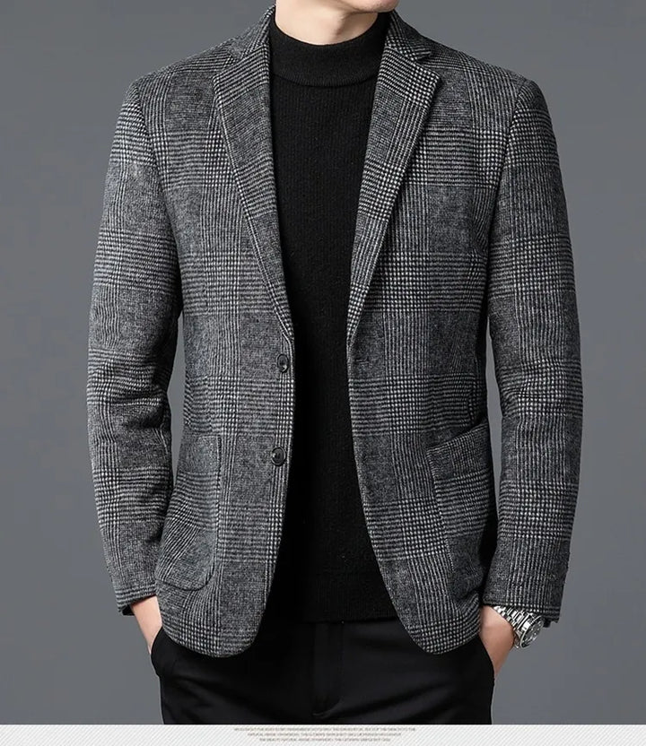 Stylish men's Glen Check blazer. Versatile two-button tailored jacket for formal events, smart casual, or business fashion.