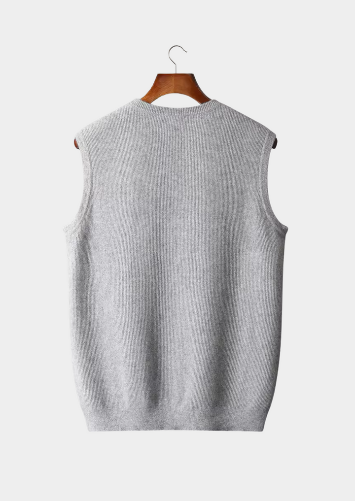 Stylish men's beige crew neck vest, regular fit. Perfect sleeveless top for comfortable, casual layering.