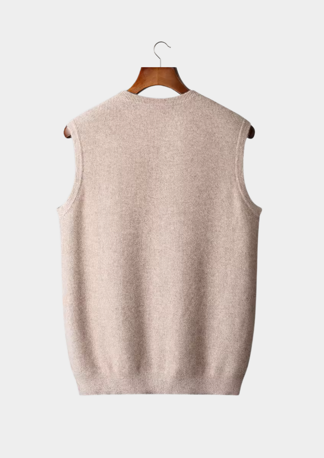 Casual men's beige crew neck vest. Stylish & versatile sleeveless top, perfect for effortless layering and comfort.