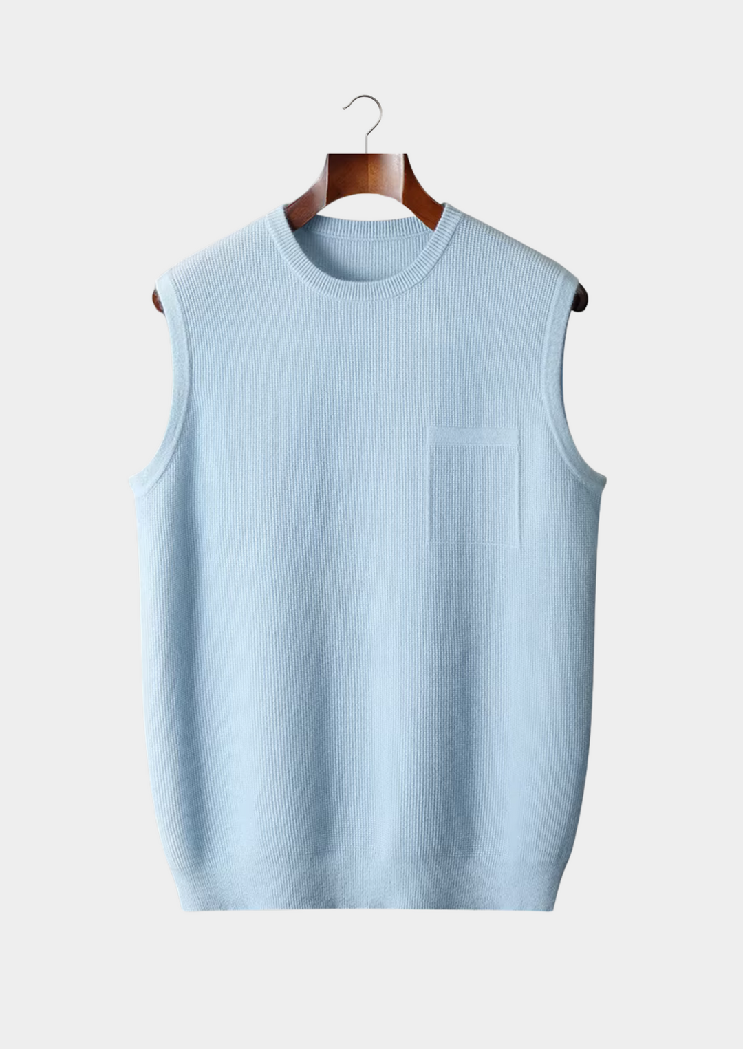 Modern men's light blue crew neck vest. Regular fit, comfortable for everyday layering & casual style.