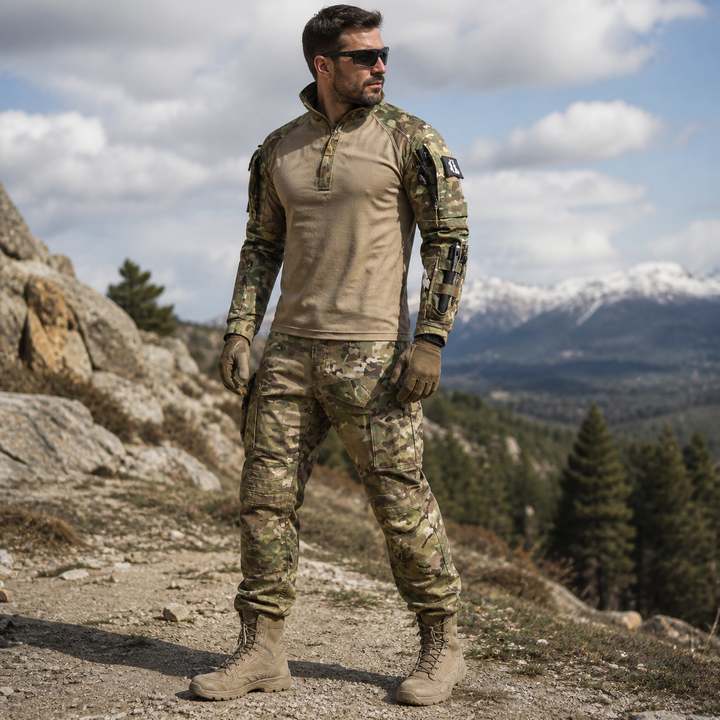 Men's green tactical two-piece performance outfit for outdoor activities. Water repellent & breathable hiking gear.