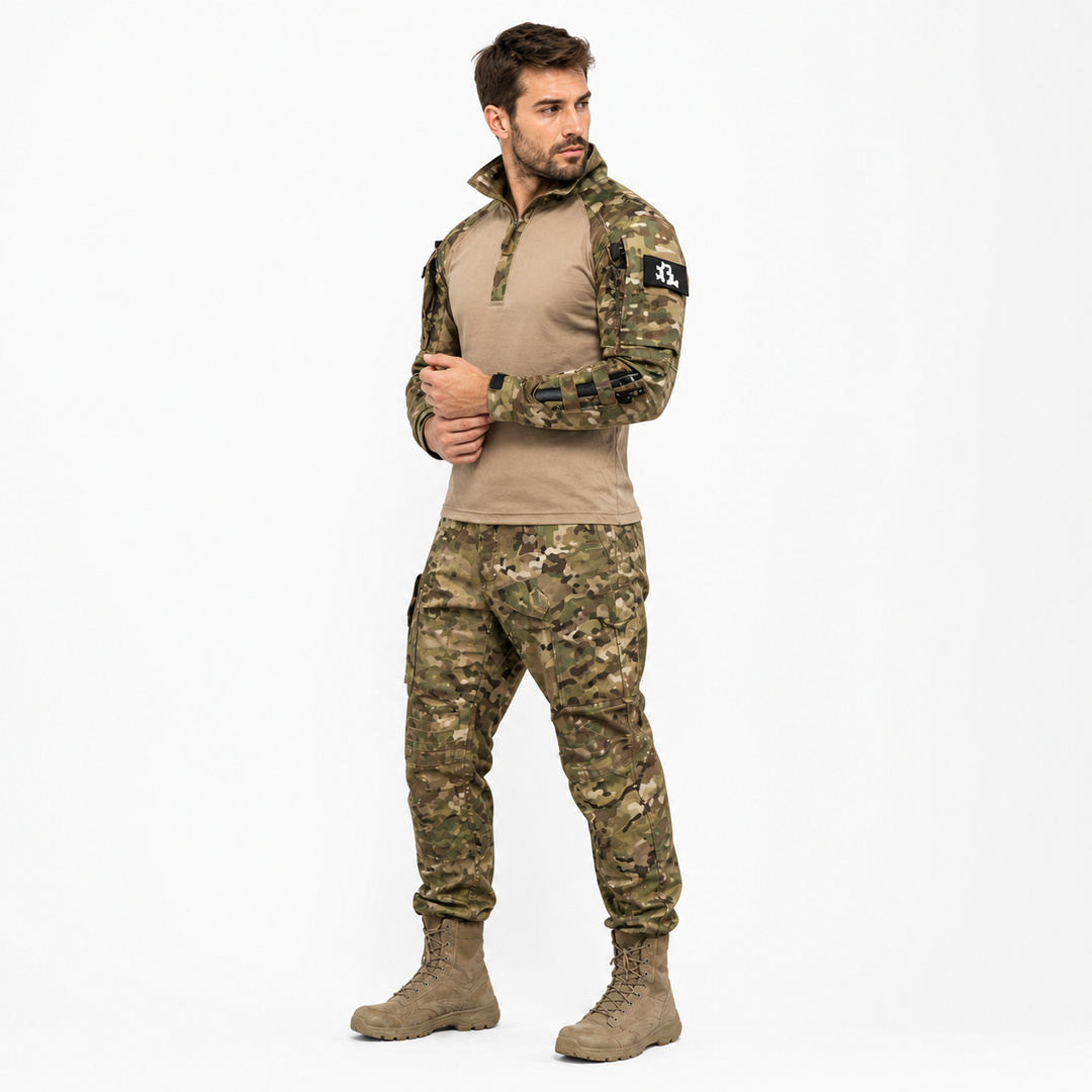 Men's black activewear two-piece set, tactical performance outfit for hiking. Breathable & water repellent fabric.