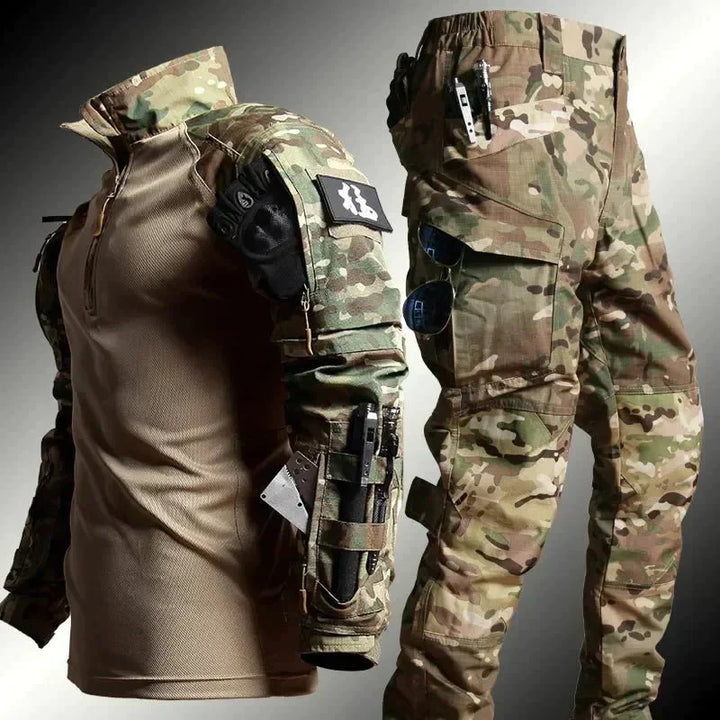 Durable men's two-piece tactical outdoor outfit in green. Performance activewear for hiking, water repellent.