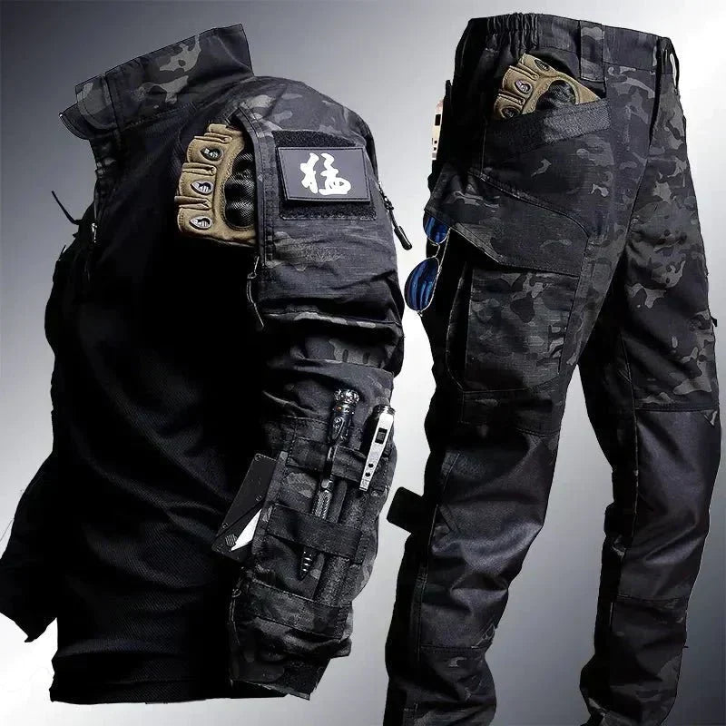 Men's casual tactical two-piece set in black, designed for comfort & outdoor performance. Breathable activewear.