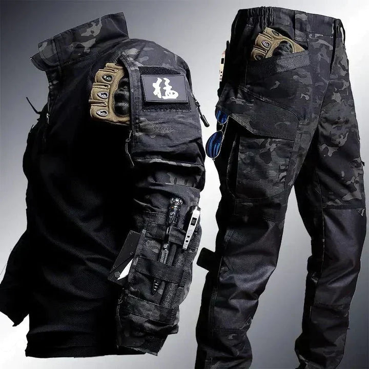 Men's casual tactical two-piece set in black, designed for comfort & outdoor performance. Breathable activewear.