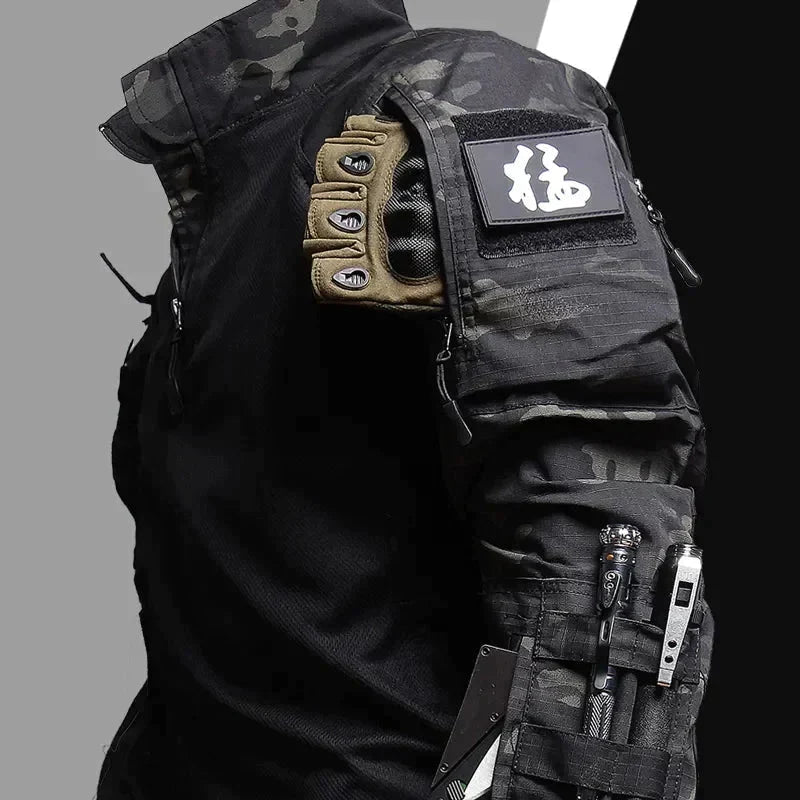 Green & black men's tactical two-piece outfit. Performance casual set, breathable & water repellent for hiking.