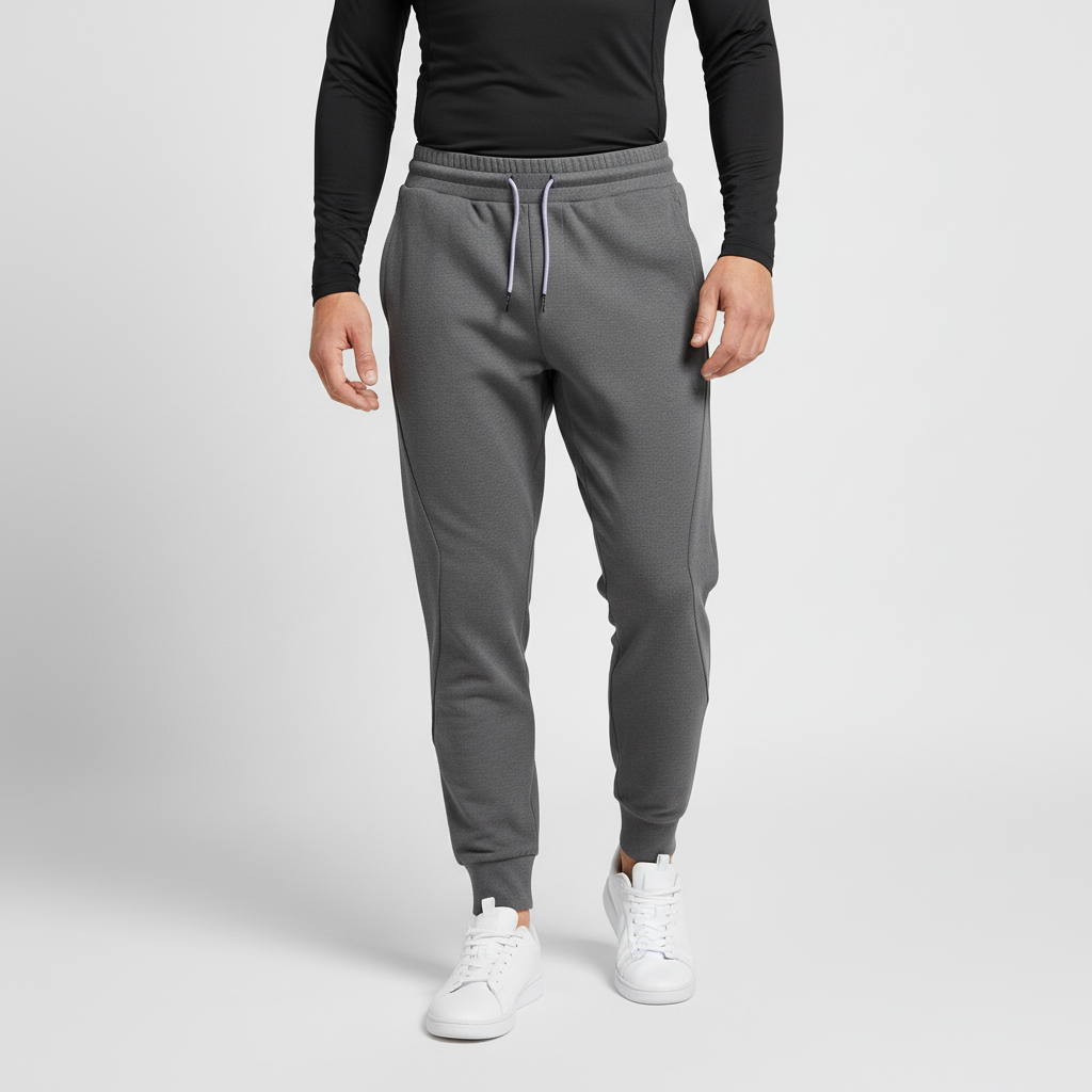 Men's grey elastic-waist jogger pants with drawstring, ultimate comfort & mobility for activewear.