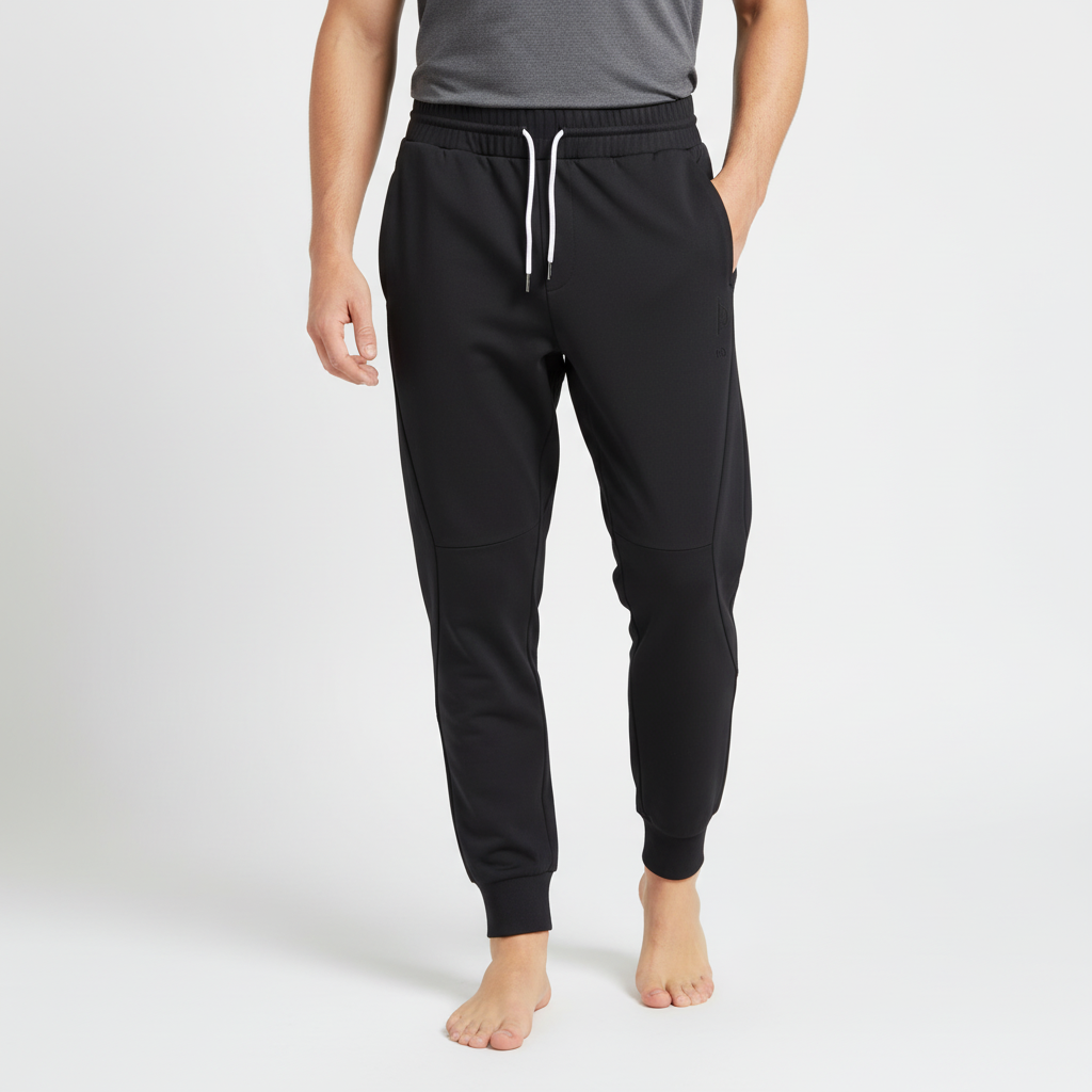 Men's black drawstring jogger pants, offering ultimate comfort and flexibility for any activity.