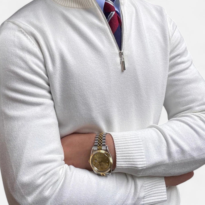 Modern men's half-zip pullover sweater. Versatile smart casual layering piece for fashion-forward everyday comfort.