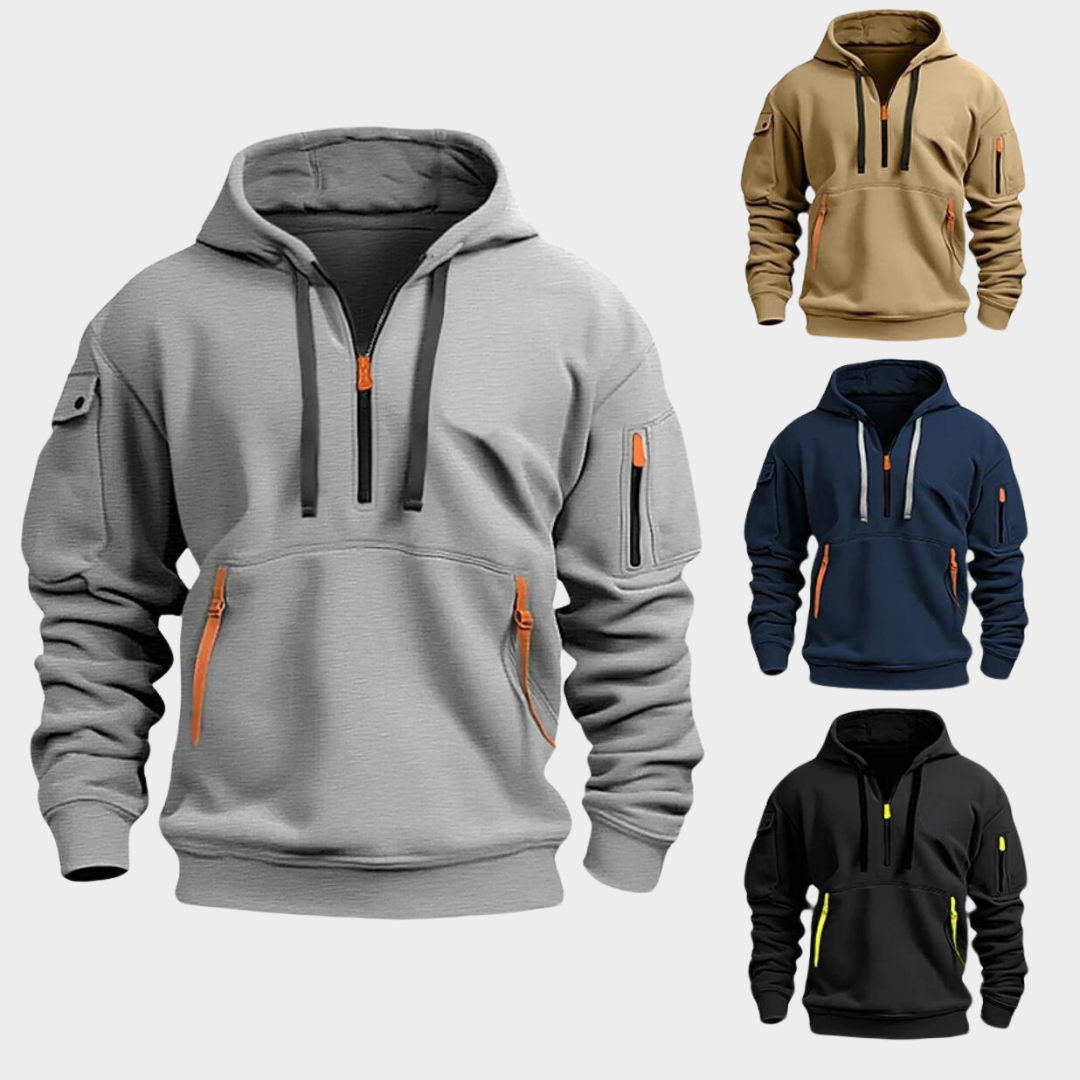 Casual men's half-zip pullover hoodie Diego with drawstring hood.