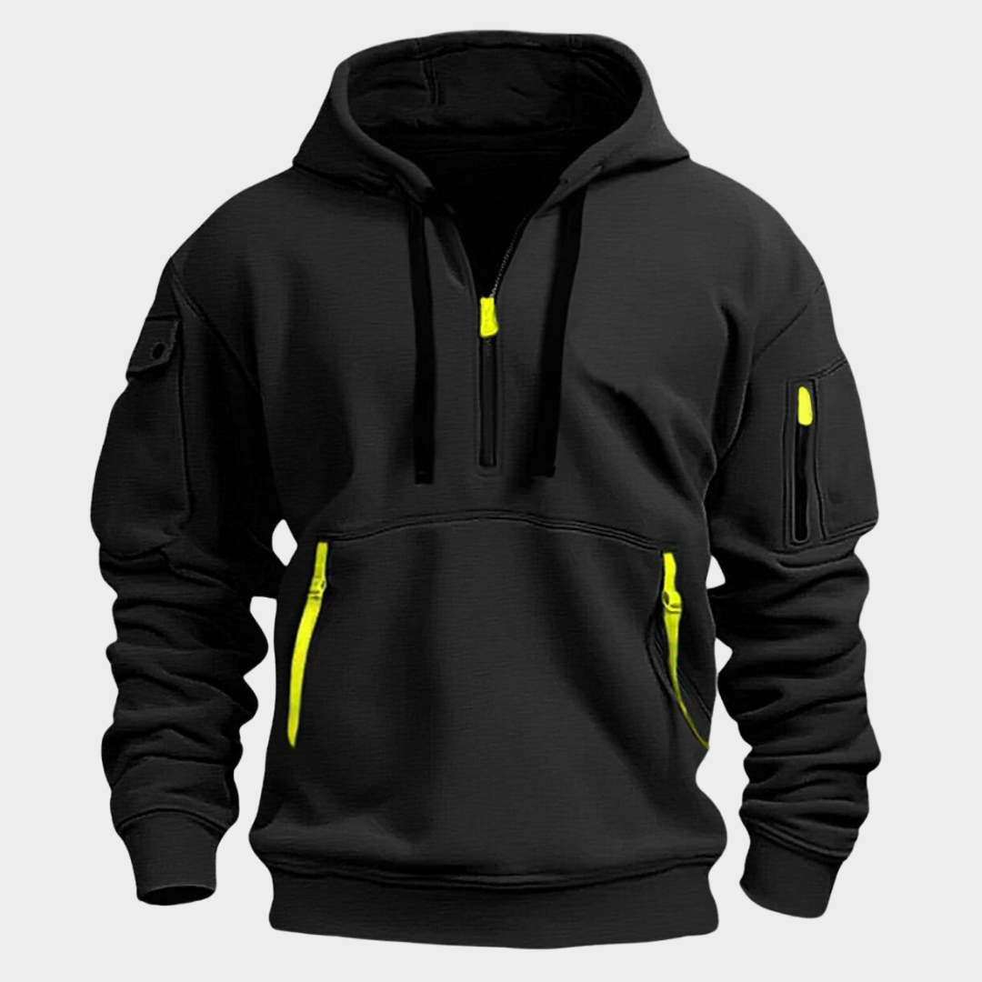 Comfortable athletic wear: Men's half-zip hoodie with multiple pockets.