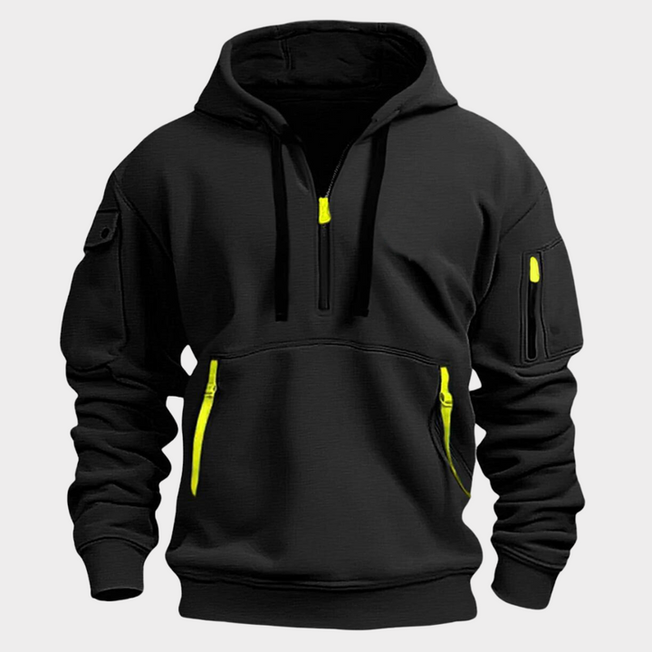 Comfortable athletic wear: Men's half-zip hoodie with multiple pockets.