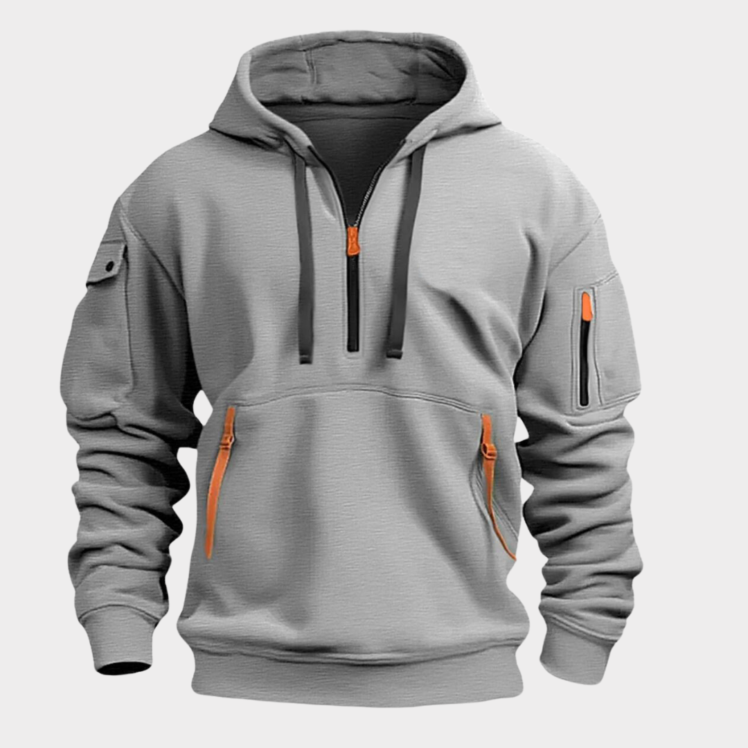 Urban style men's half-zip hoodie with drawstring & practical pockets.