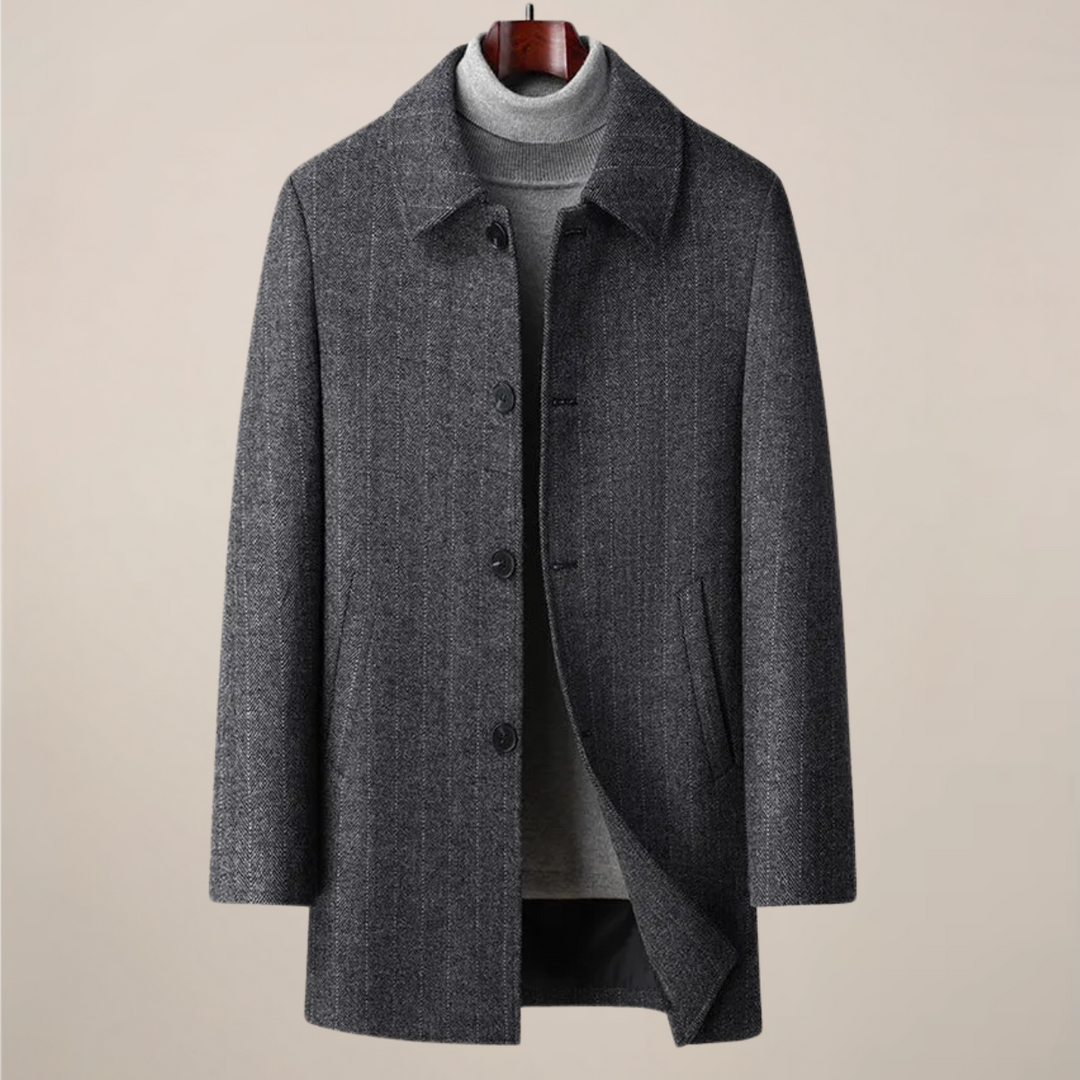 Men's herringbone car coat with point collar, ideal for stylish formal or casual autumn & winter layering.