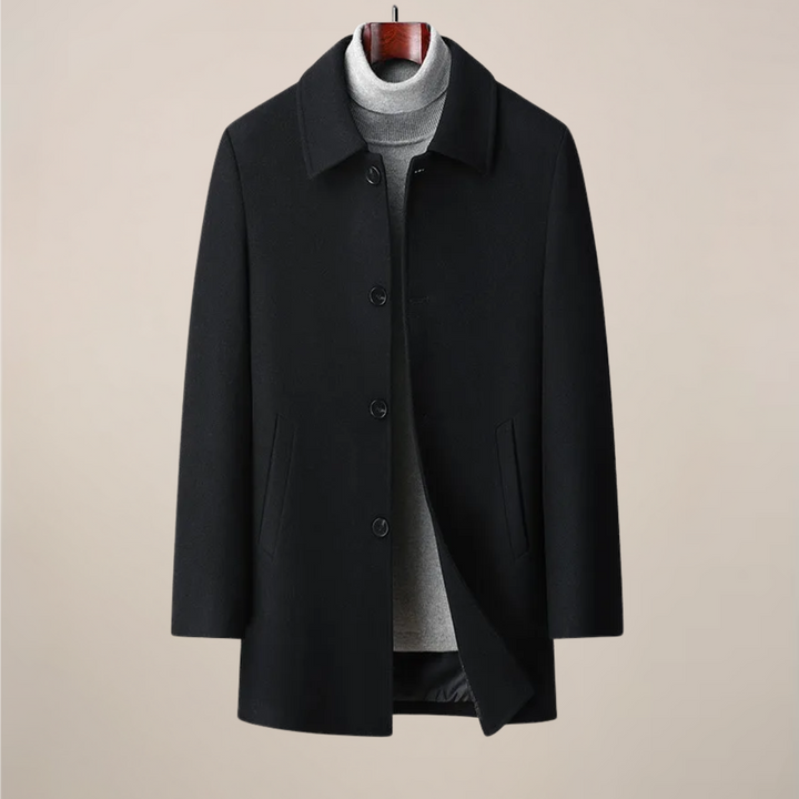 Classic men's herringbone trench coat, a tailored overcoat with a sophisticated point collar.