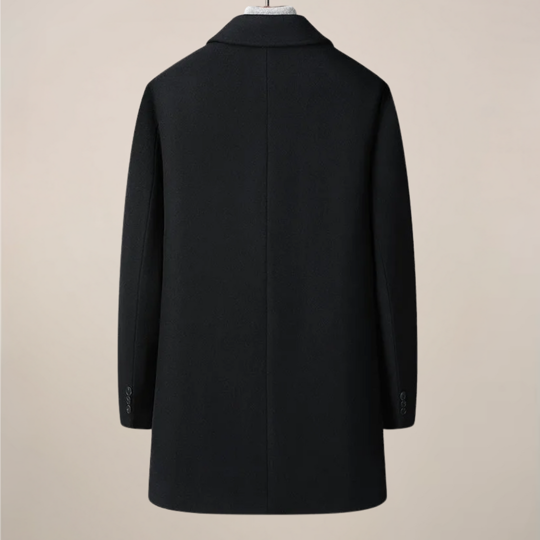 Button-front men's herringbone car coat, a warm winter overcoat with a refined point collar for outerwear.