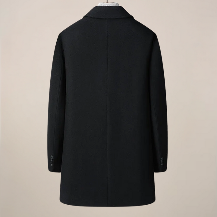 Button-front men's herringbone car coat, a warm winter overcoat with a refined point collar for outerwear.
