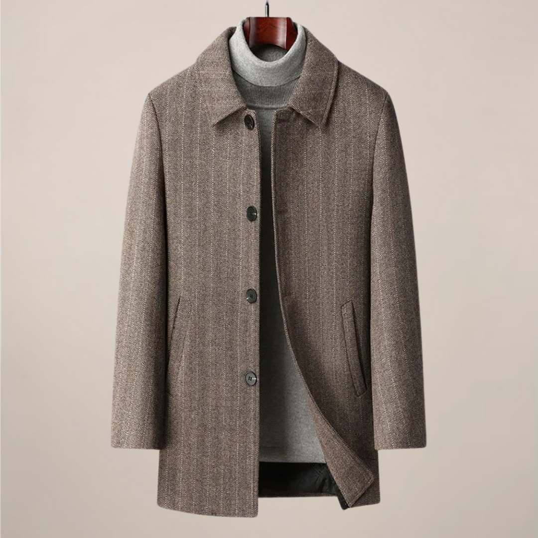 Elegant men's tailored herringbone car coat, a stylish autumn winter outerwear piece featuring a point collar.