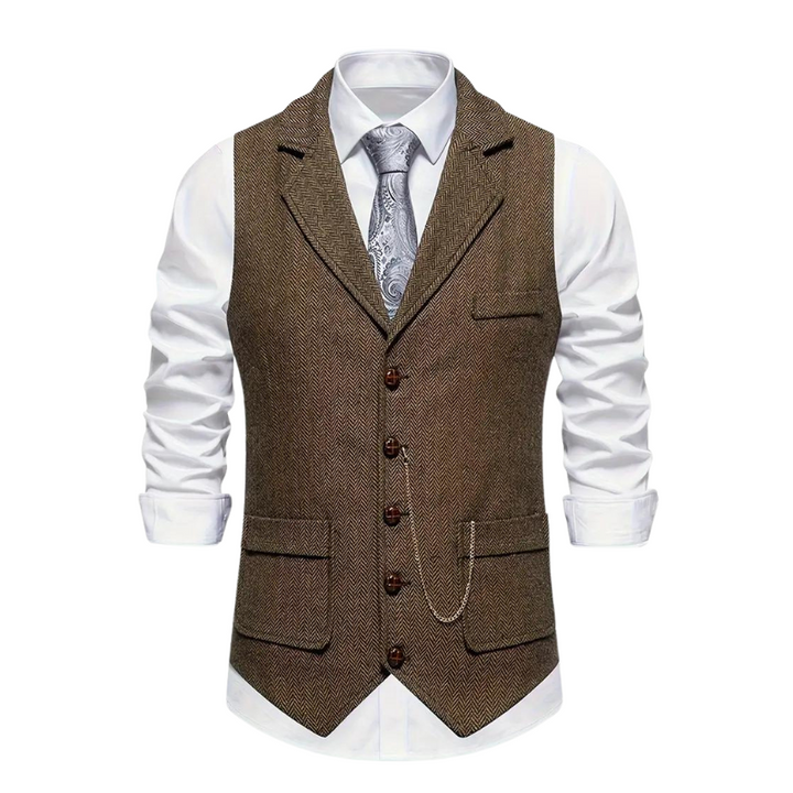 Men's herringbone waistcoat, a timeless vest perfect for formal or smart casual layered looks year-round.