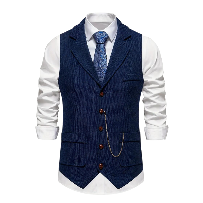 Versatile men's herringbone waistcoat, offering a sophisticated texture for both formal and casual ensembles.