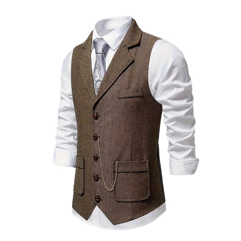Classic men's herringbone suit vest, an essential piece for year-round style and a refined layered look.