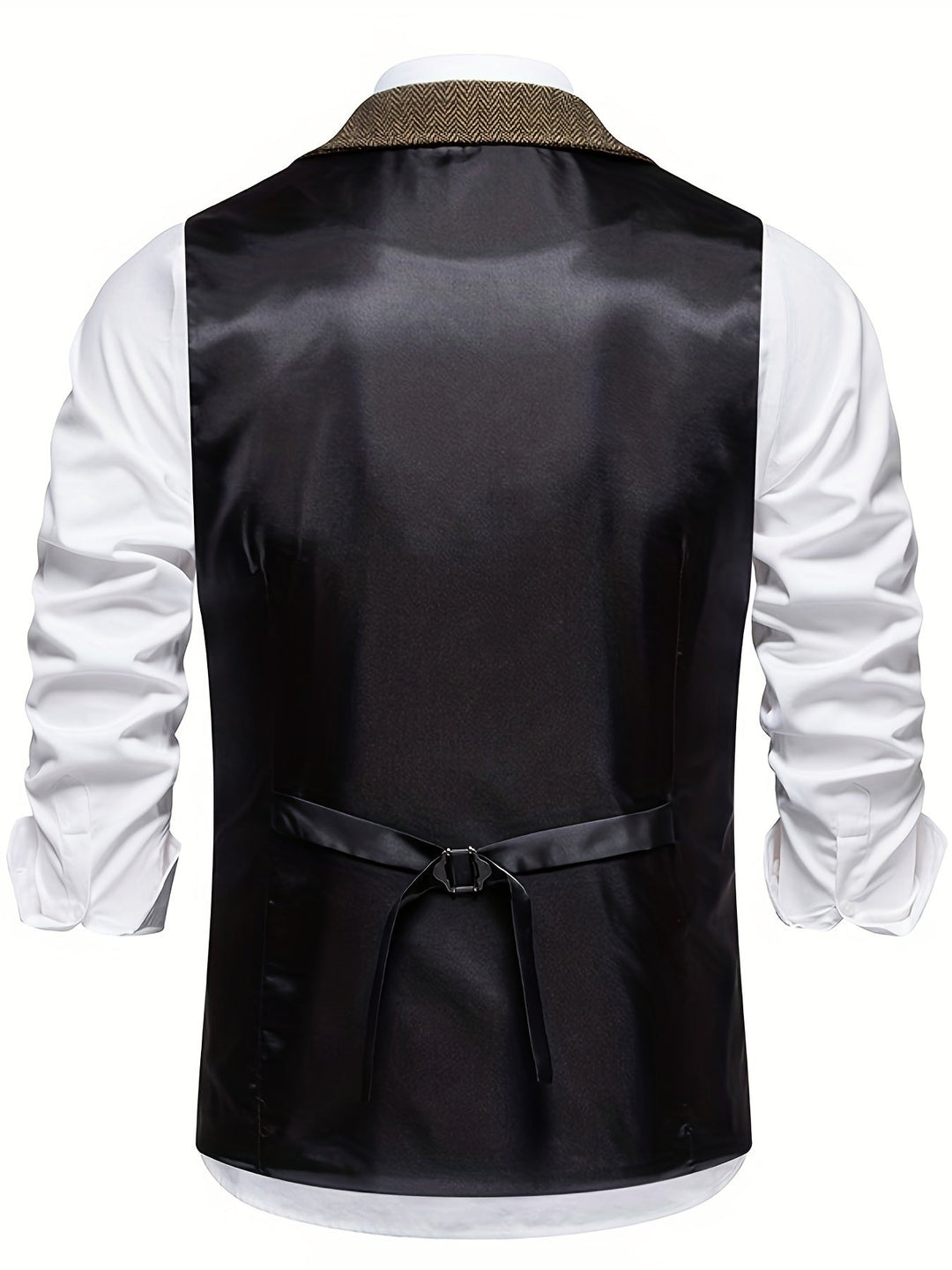 Close-up of men's tailored herringbone vest fabric & button details, ideal for elegant formal wear.