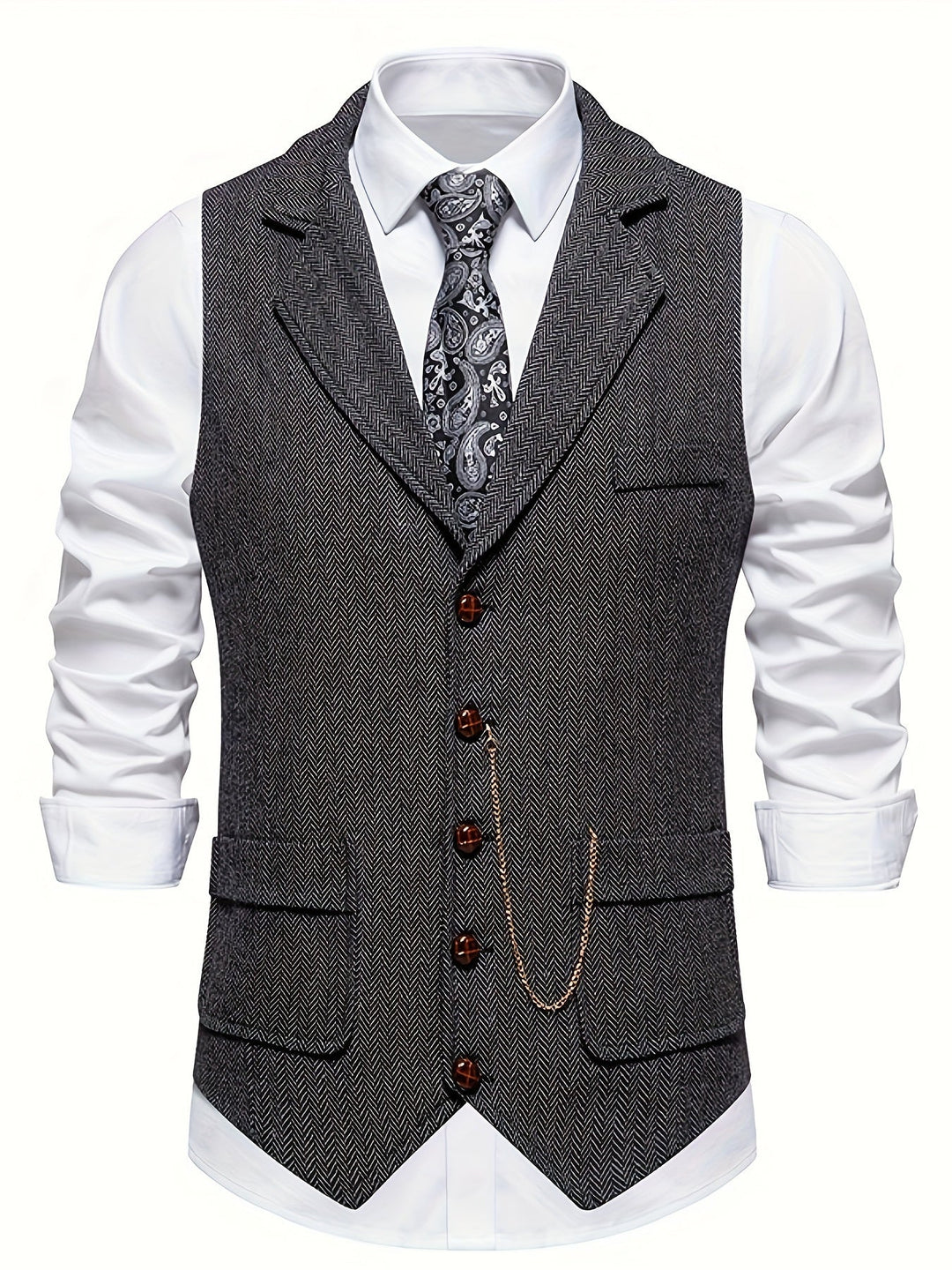 Man wearing a classic herringbone lapel waistcoat, styled for formal events, weddings, or business attire.