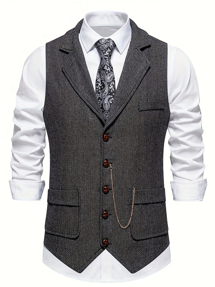 Man wearing a classic herringbone lapel waistcoat, styled for formal events, weddings, or business attire.