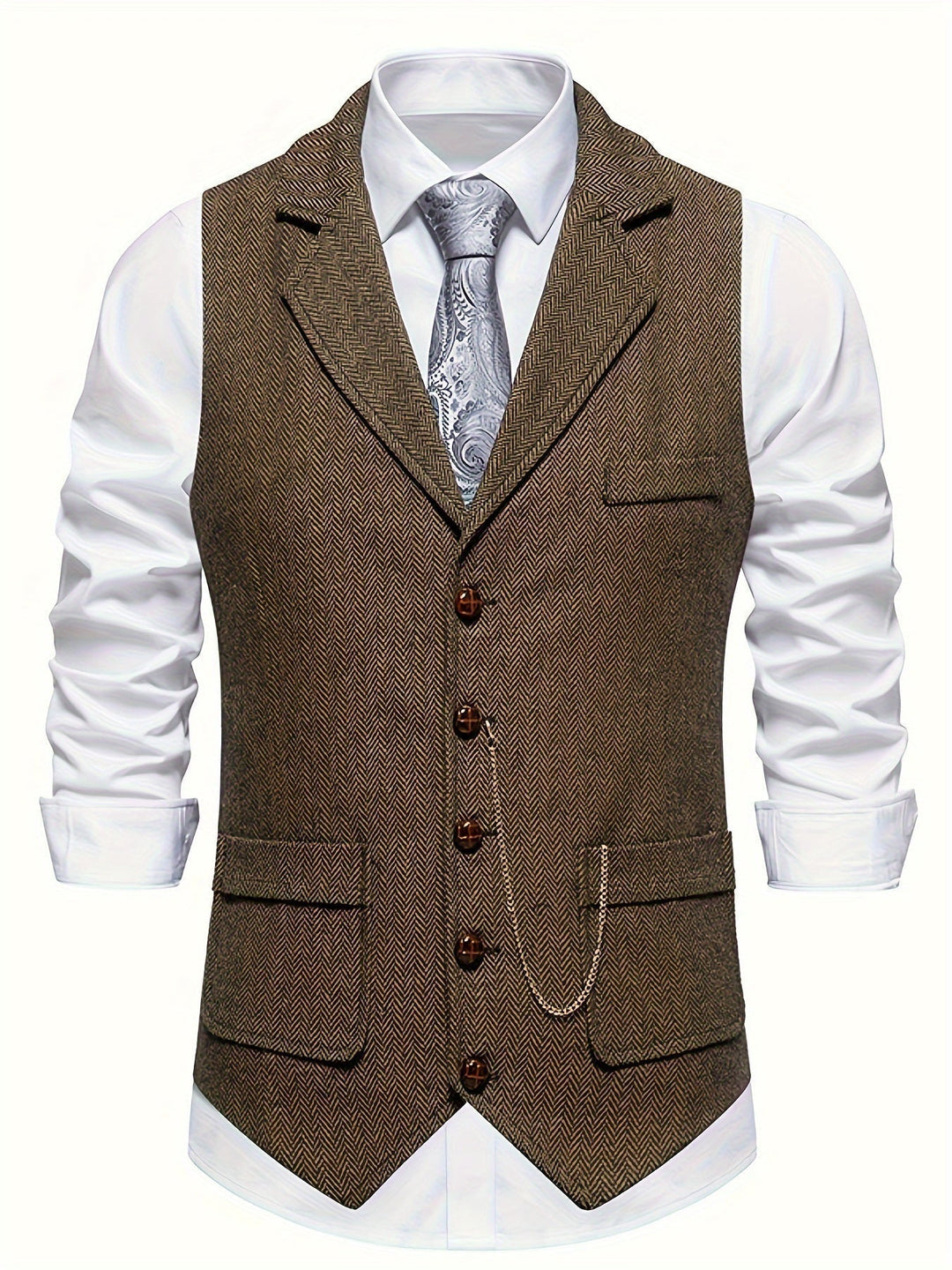 Back view of men's formal herringbone waistcoat, showing adjustable strap & classic tailored fit.