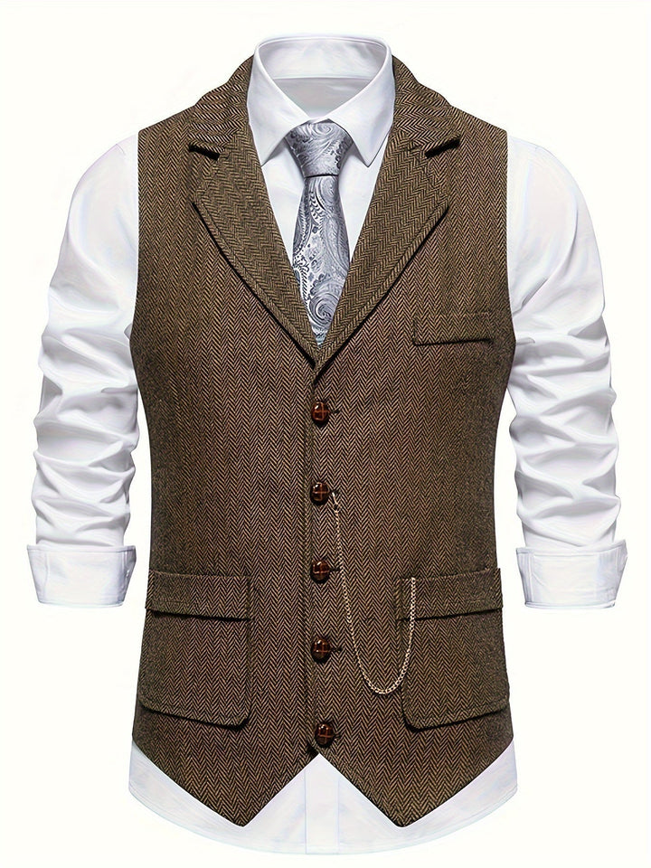 Back view of men's formal herringbone waistcoat, showing adjustable strap & classic tailored fit.