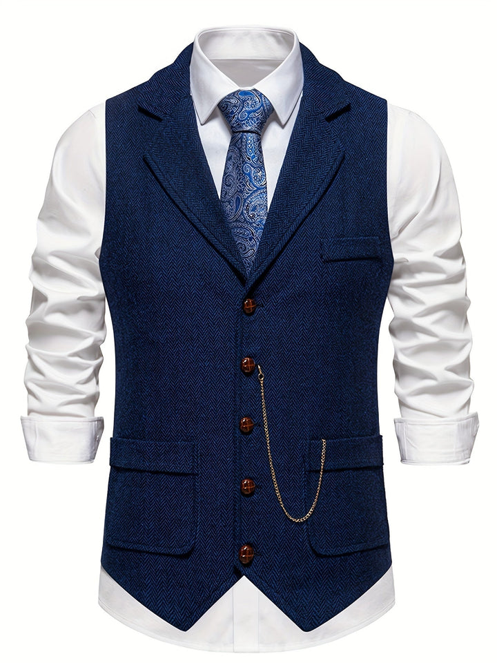 Stylish men's herringbone dress vest, versatile for wedding attire, formal events, and sophisticated business casual.
