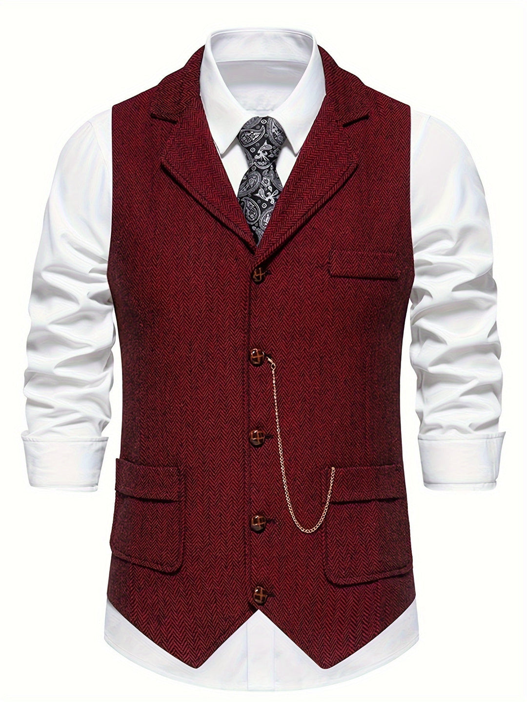 High-quality men's herringbone waistcoat with lapels, a classic tailored vest for timeless formal fashion.