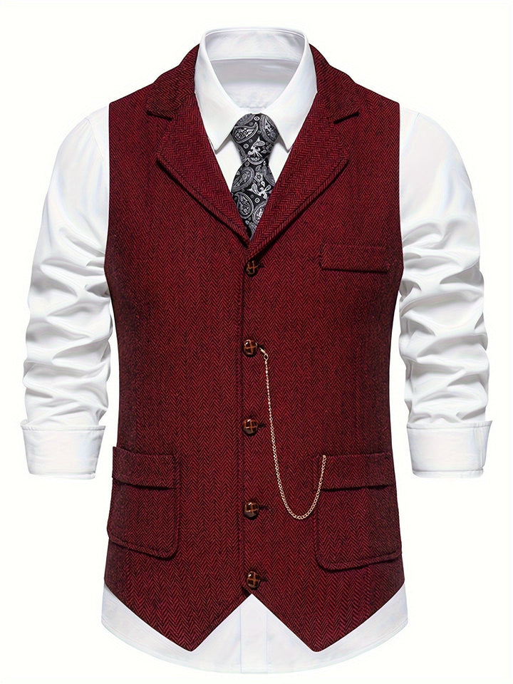 High-quality men's herringbone waistcoat with lapels, a classic tailored vest for timeless formal fashion.