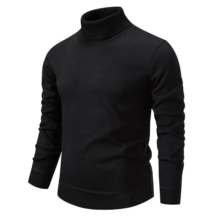 Modern men's knit high-neck sweater, a key piece for smart casual layering in colder seasons.