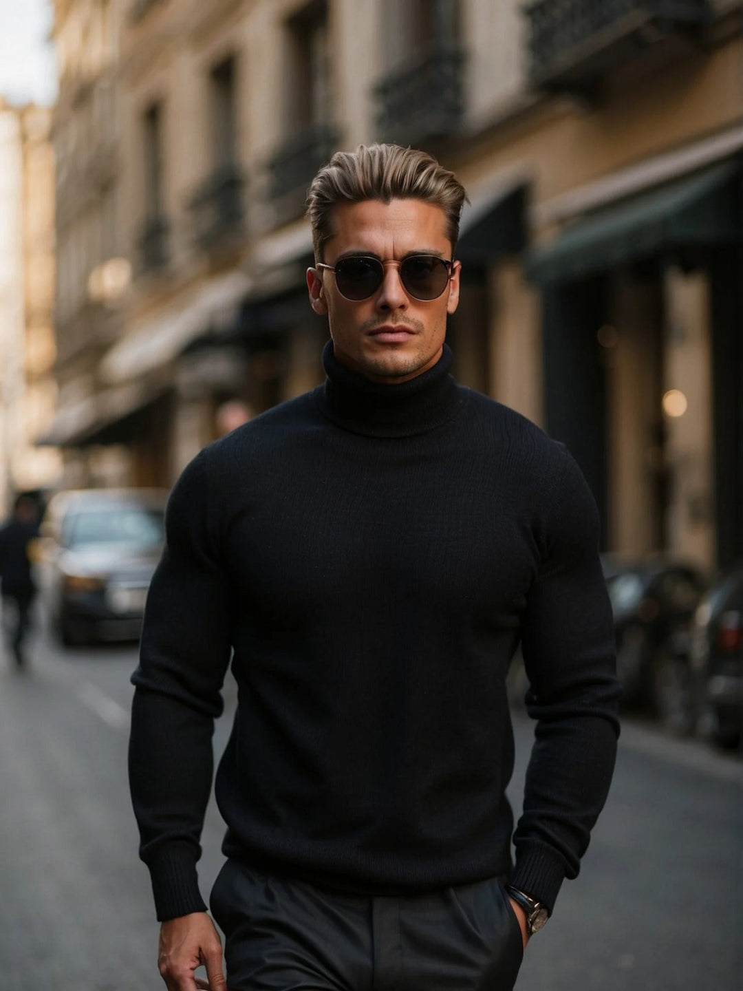 Sophisticated men's high-neck knit sweater, a timeless piece for elegant casual and smart looks.
