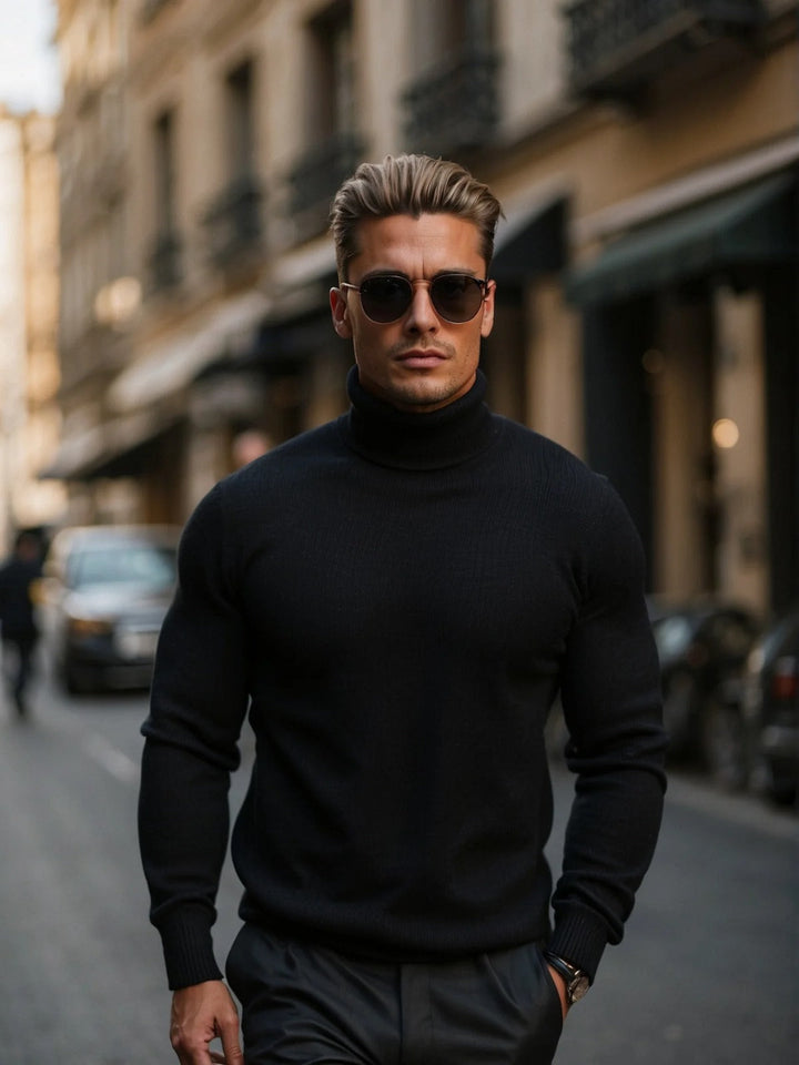 Sophisticated men's high-neck knit sweater, a timeless piece for elegant casual and smart looks.