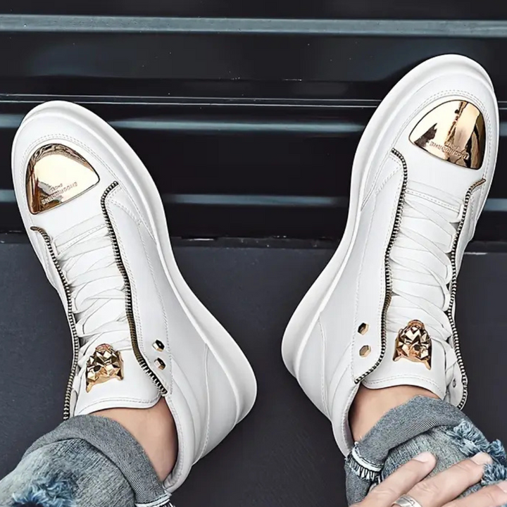 Men's high-top sneakers in black, red, and white. Stylish athletic shoes for urban street fashion.
