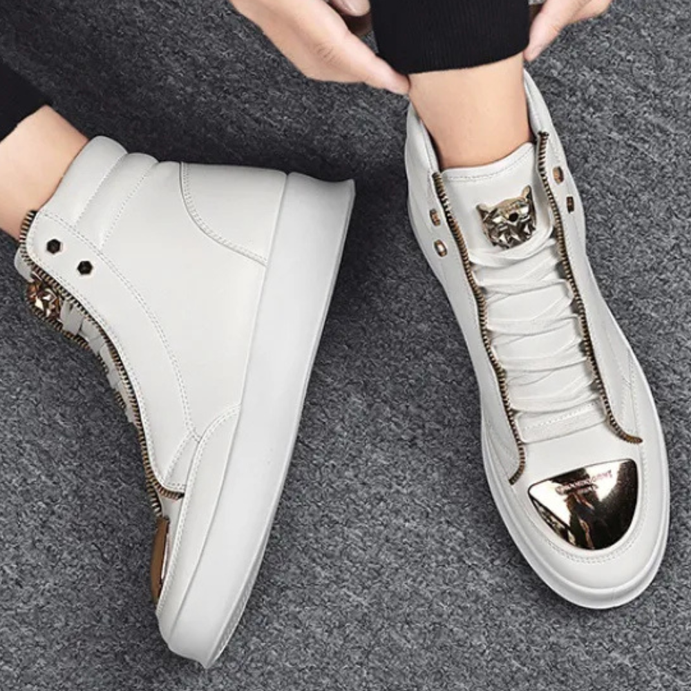 Black men's high-top sneakers. Modern athletic shoes for street fashion and comfortable daily wear.
