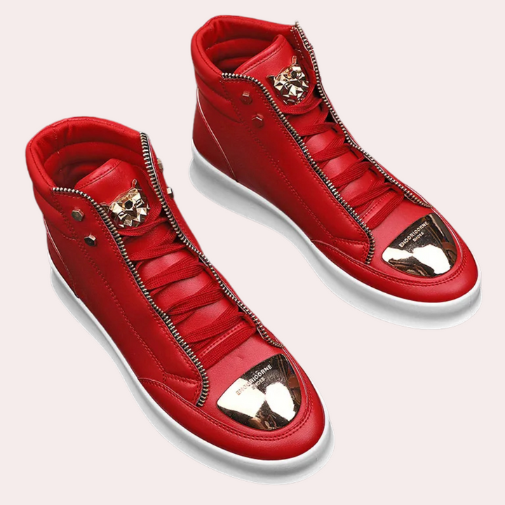 Red men's high-top athletic sneakers. Stylish and comfortable casual footwear for an urban look.