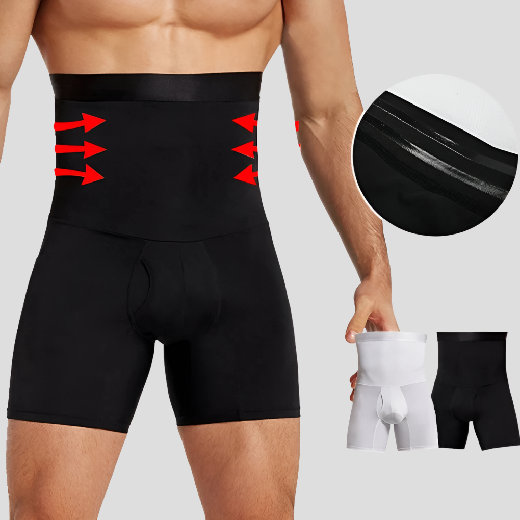 Men's high-waisted compression shorts with tummy control for gym, workout & activewear.