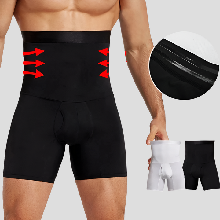 Men's high-waisted compression shorts with tummy control for gym, workout & activewear.