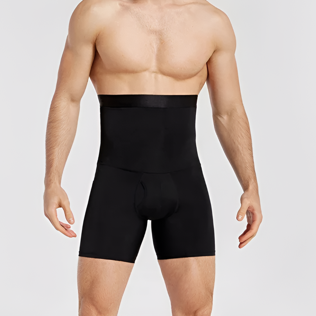 Comfortable men's high-waisted compression shorts. Tummy control activewear for gym & daily fitness.