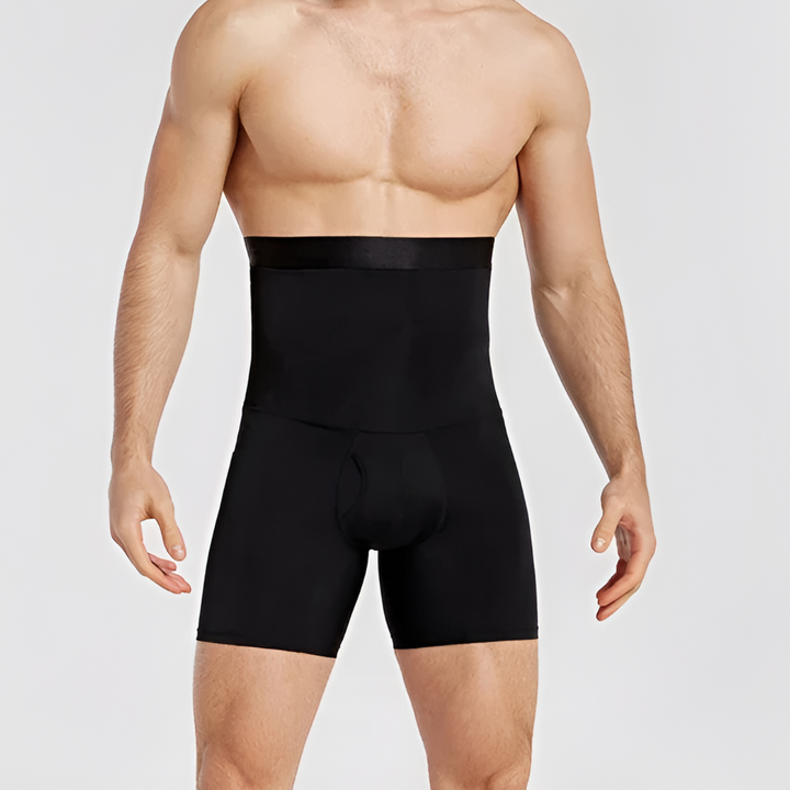 Comfortable men's high-waisted compression shorts. Tummy control activewear for gym & daily fitness.