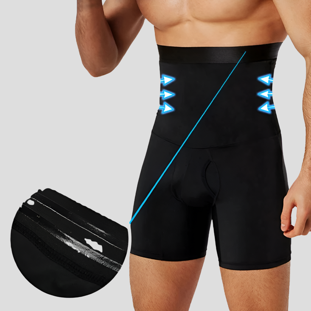 Men's high-waisted compression shorts. Tummy control & muscle support activewear for gym & sports.