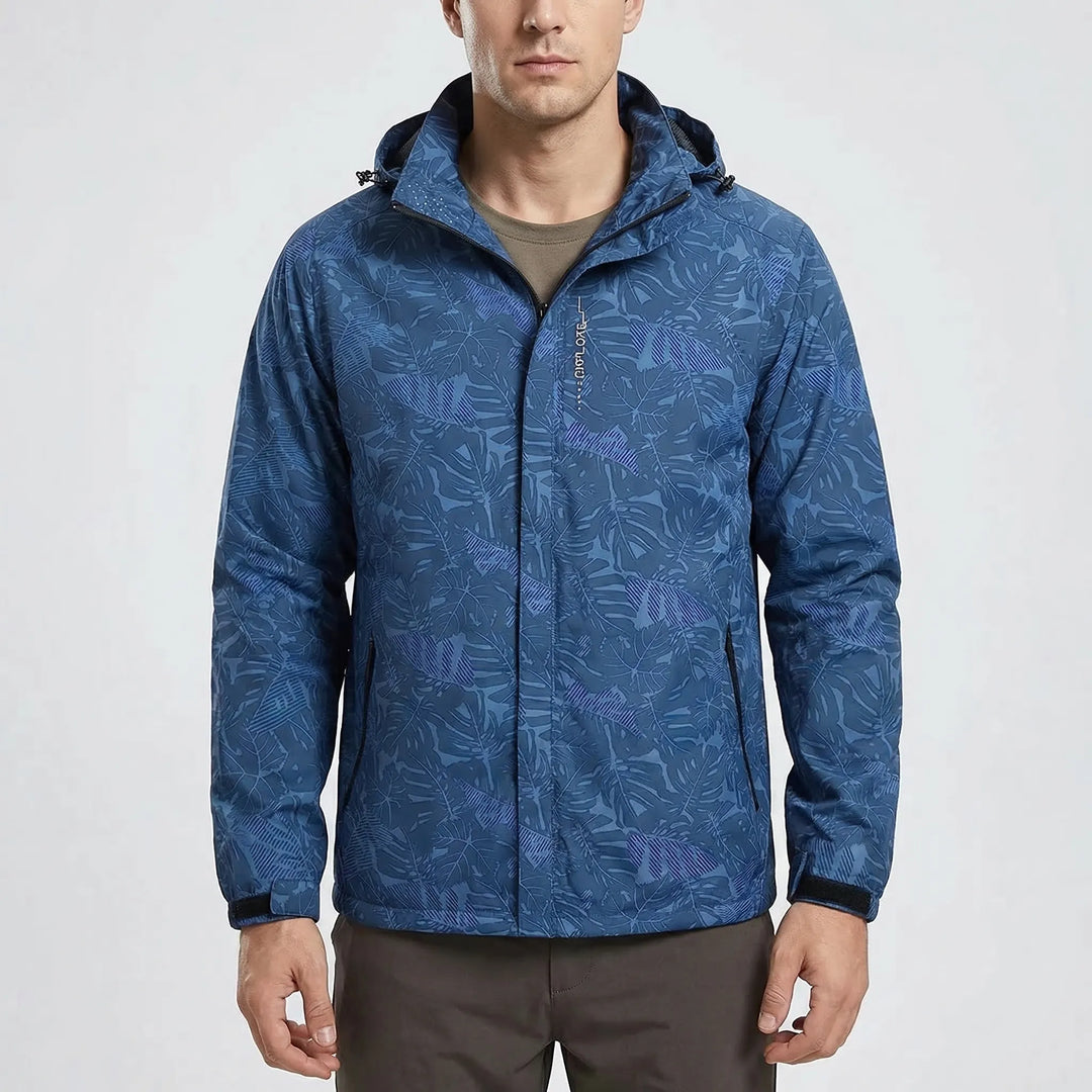 Lightweight men's windbreaker jacket with a full-zip closure, hood, and stylish botanical pattern for spring/fall.
