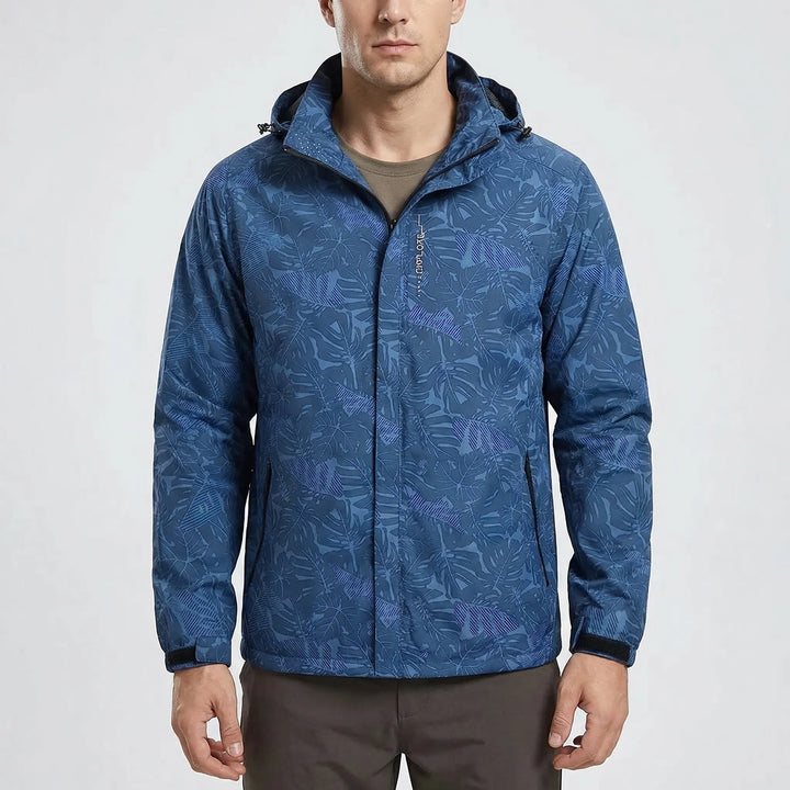 Lightweight men's windbreaker jacket with a full-zip closure, hood, and stylish botanical pattern for spring/fall.
