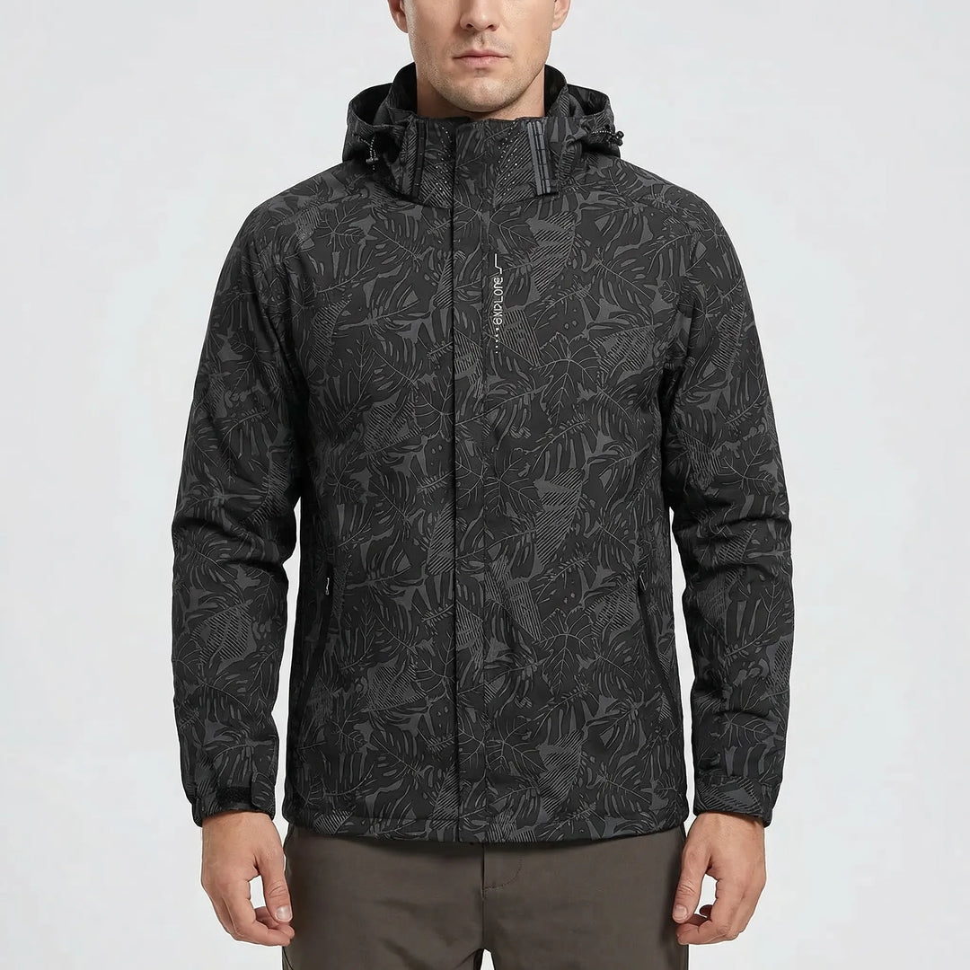 Botanical print men's full-zip windbreaker with a hood, offering lightweight protection for hiking and outdoor gear.