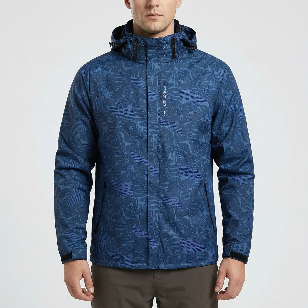 Casual men's full-zip windbreaker with a hood, lightweight and rain-resistant, great for spring/fall outdoor adventures.