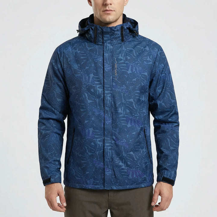 Casual men's full-zip windbreaker with a hood, lightweight and rain-resistant, great for spring/fall outdoor adventures.